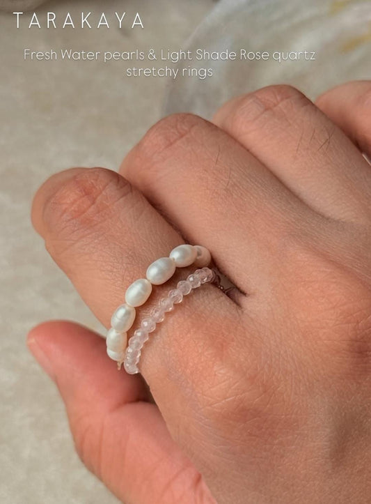 Natural Crystal Stretchy Light Shade Rose Quartz 2mm & Fresh Water Pearl Rings