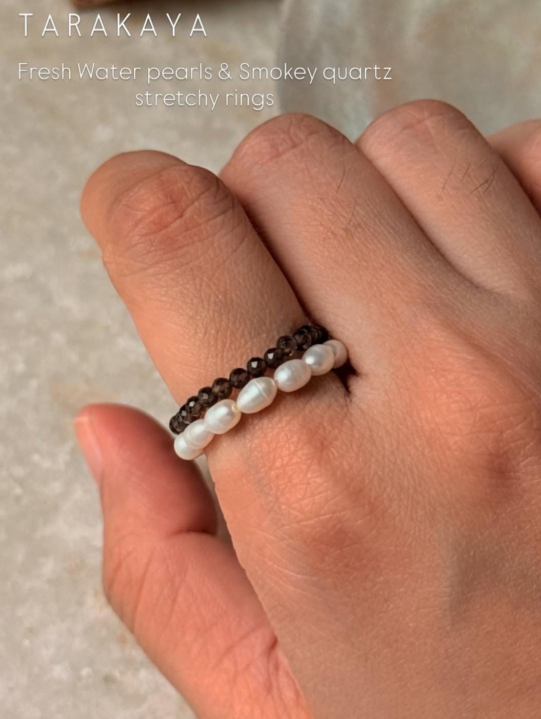 Natural Crystal Stretchy Smokey Quartz 2mm & Fresh Water Pearl Rings