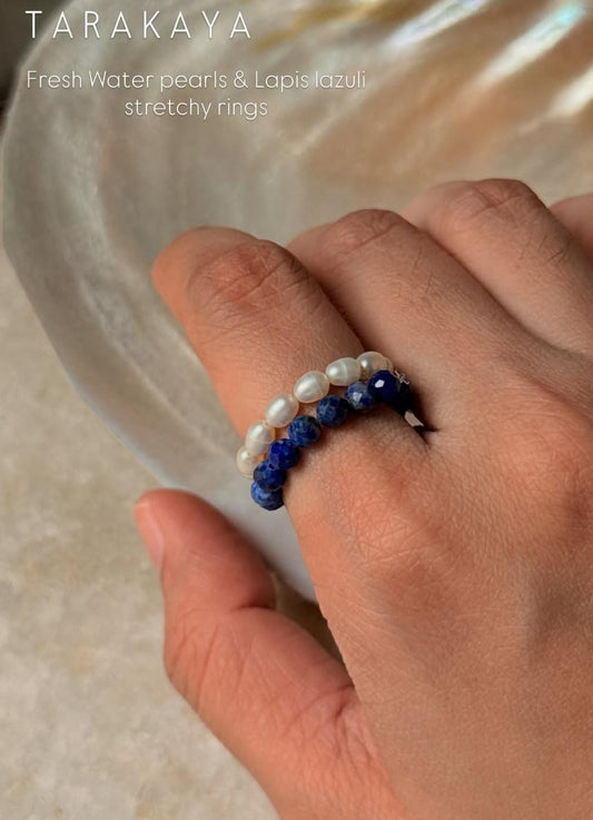 Natural Crystal Stretchy Lapis Lazuli 3-4mm & Fresh Water Pearl Rings