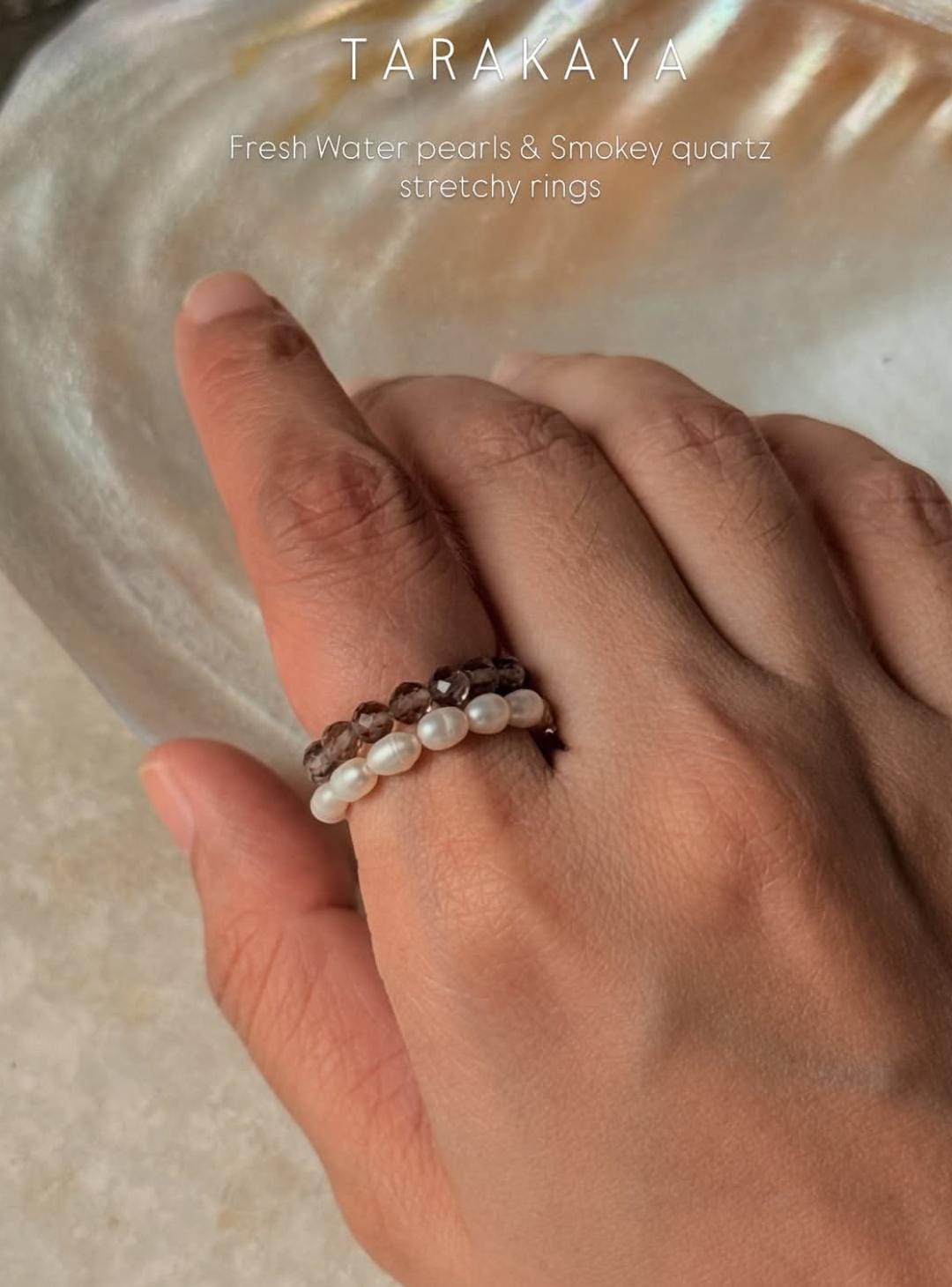 Natural Crystal Stretchy Smokey Quartz 3-4mm & Fresh Water Pearl Rings