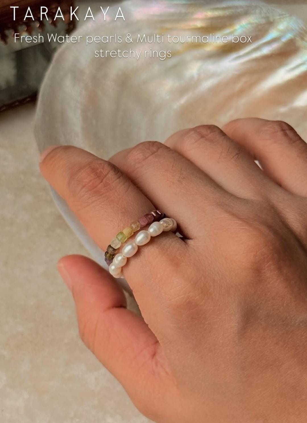 Natural Crystal Stretchy Multi Tourmaline Box & Water Pearls Rings