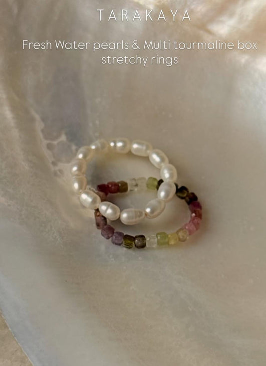 Natural Crystal Stretchy Multi Tourmaline Box & Fresh Water Pearl Rings