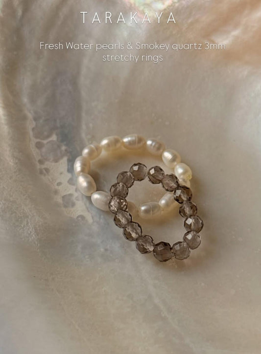 Natural Crystal Stretchy Smokey Quartz 3-4mm & Fresh Water Pearl Rings