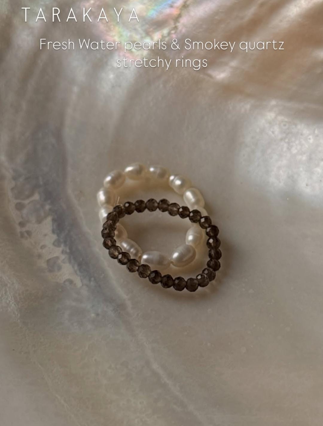Natural Crystal Stretchy Smokey Quartz 2mm & Fresh Water Pearl Rings