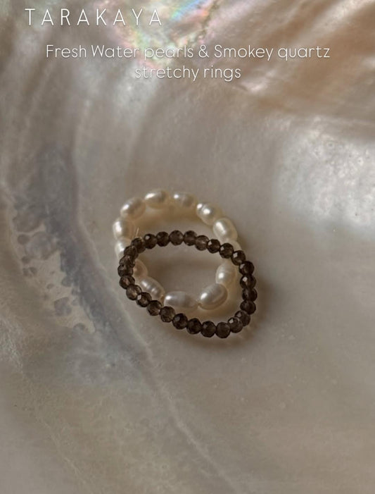 Natural Crystal Stretchy Smokey Quartz 2mm & Fresh Water Pearl Rings
