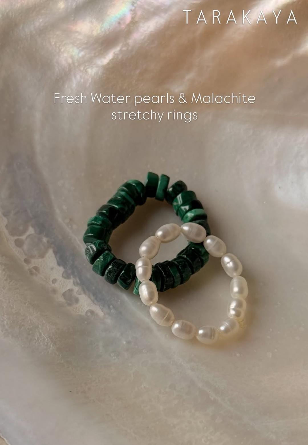 Natural Crystal Stretchy Malachite Flat 3-4mm & Water Pearls Rings