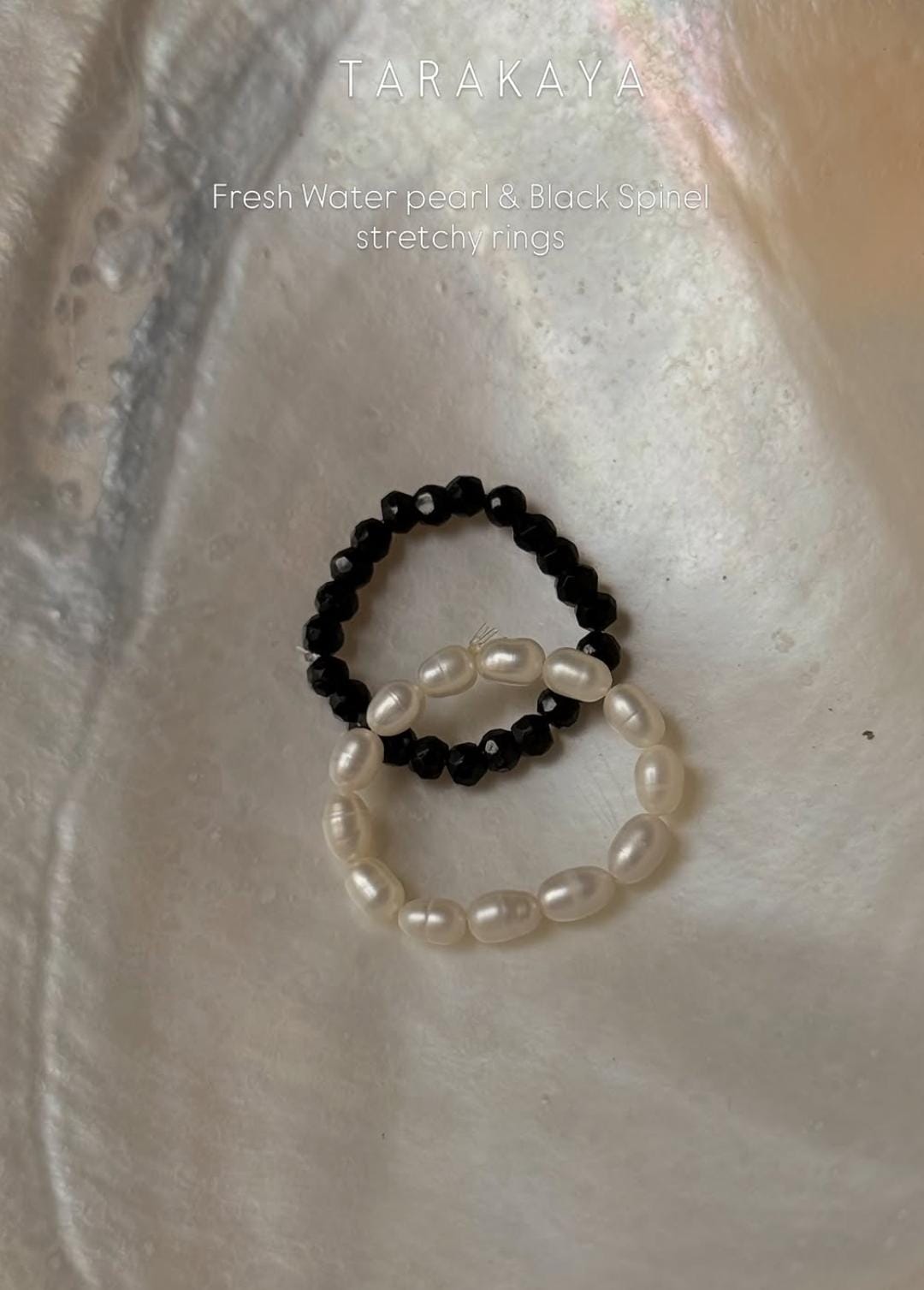 Natural Crystal Stretchy Black Spinel 3-4mm & Pearl Rings