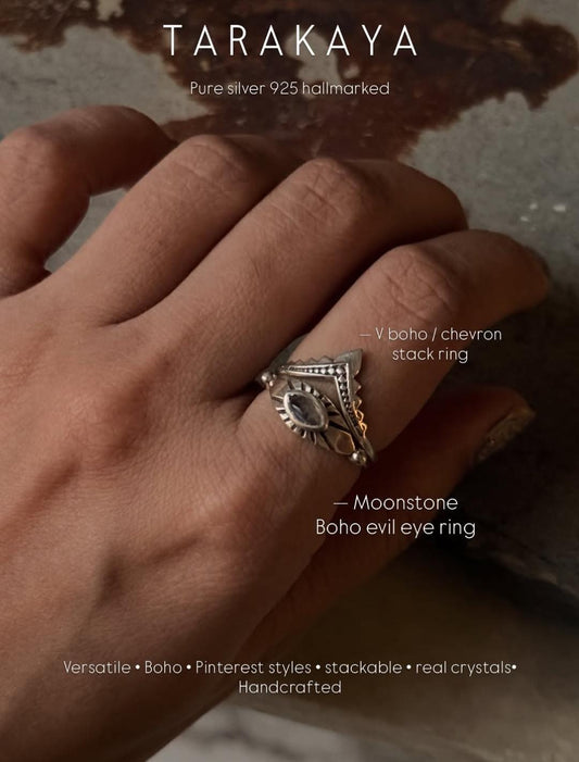 925 Sterling Silver Moonstone Evil Eye Boho Stack Ring