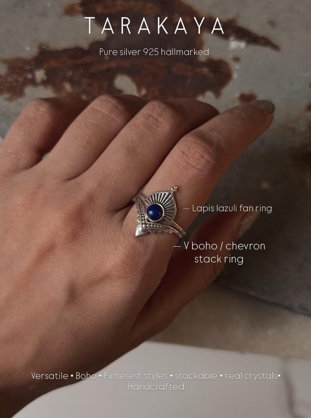 925 Sterling Silver Lapis Lazuli Fan Boho Ring