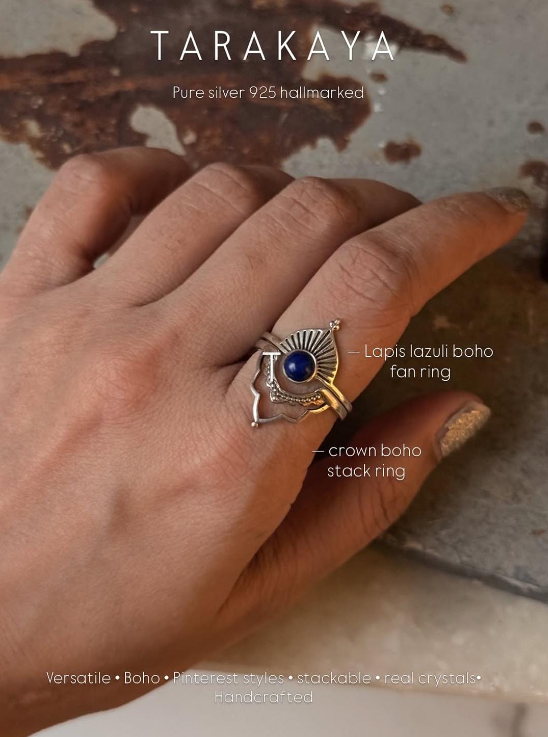 925 Sterling Silver Lapis Lazuli Fan Boho Ring