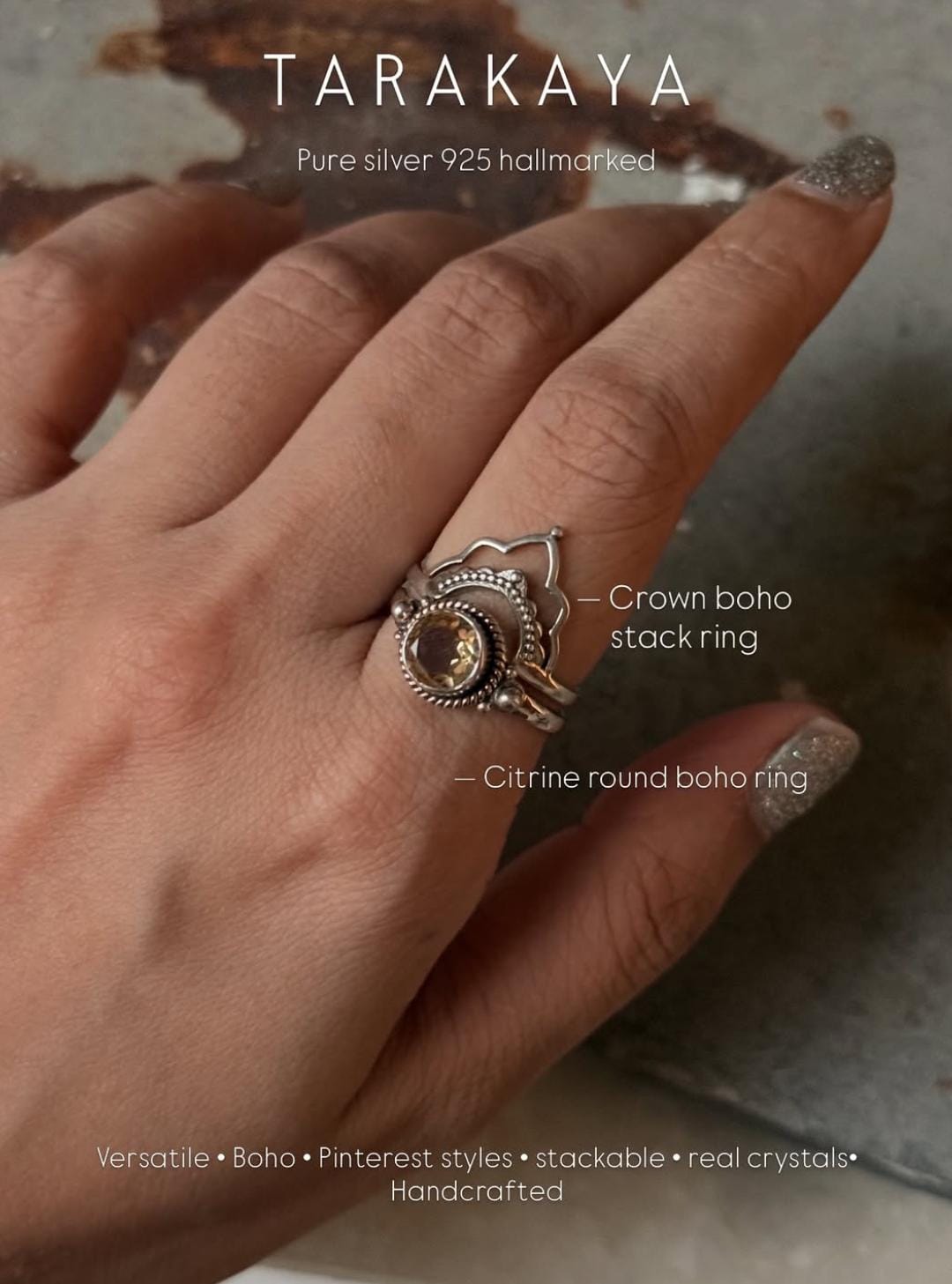 925 Sterling Silver Citrine Round Boho Ring