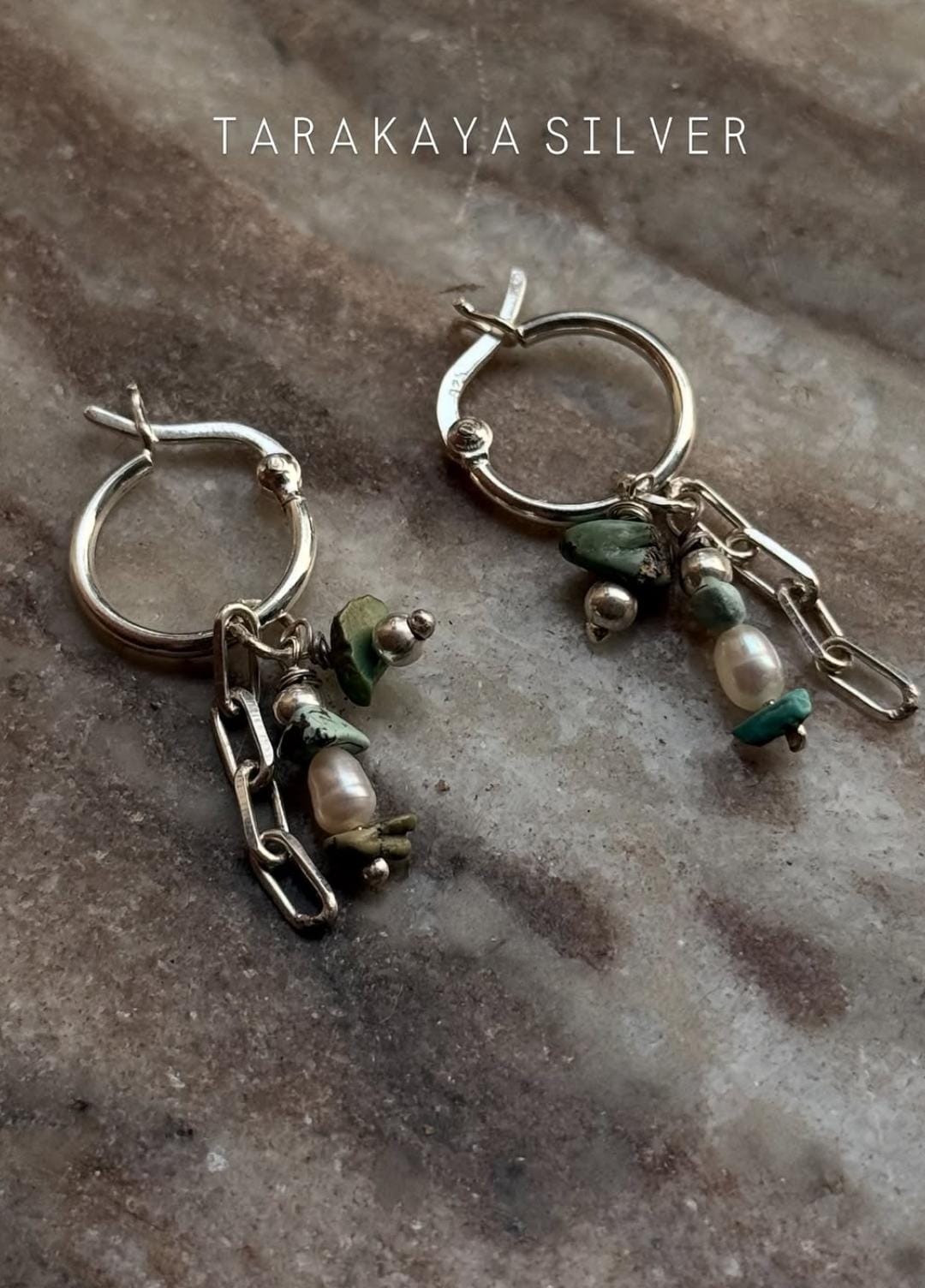 925 Sterling Silver Turquoise Beads, Hill Tribe Silver Beads , Pearls ,Paper Clip Chain Hangings Removable Charms Self Designed Handcrafted Italian Hoops Earrings