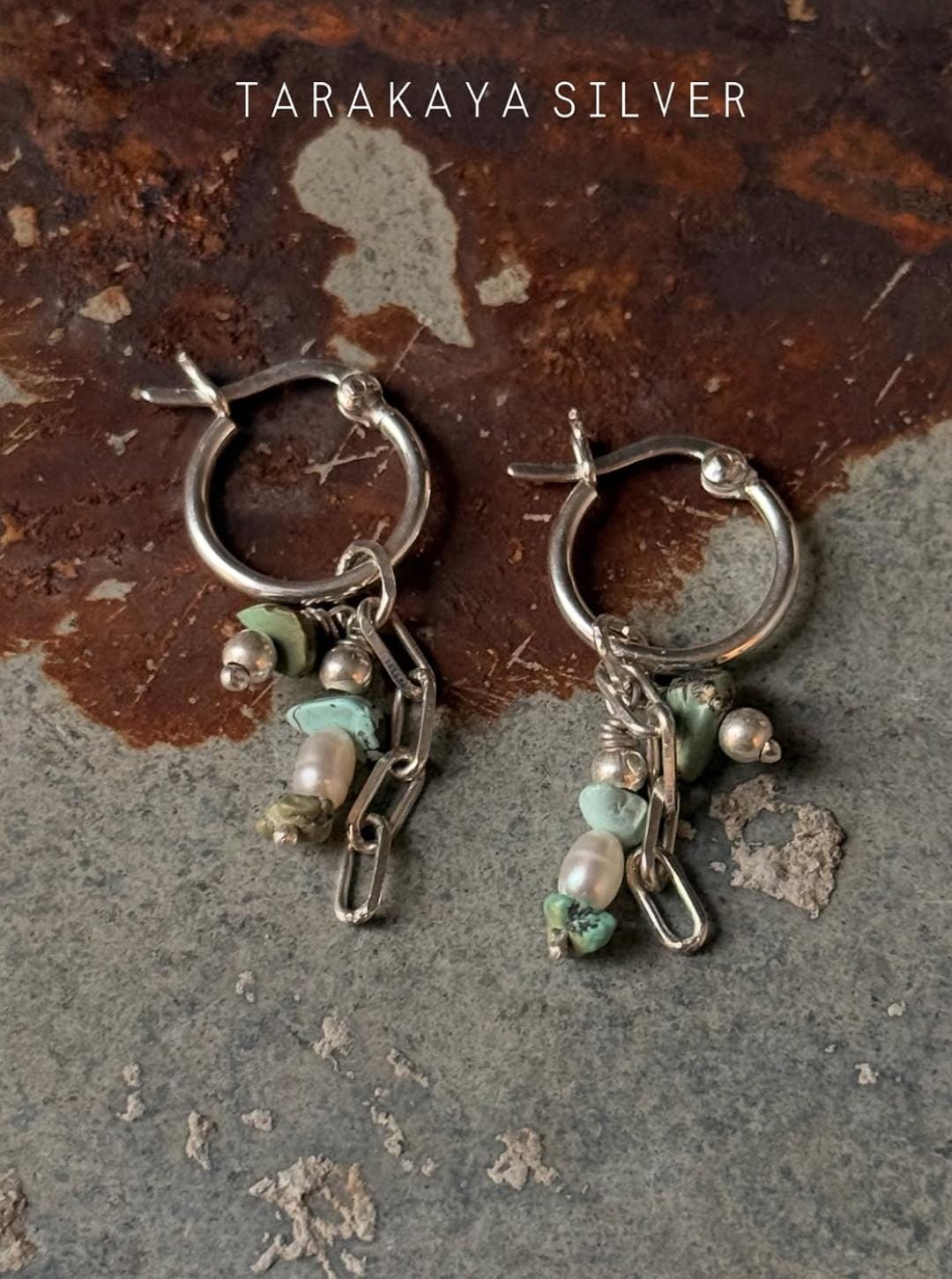 925 Sterling Silver Turquoise Beads, Hill Tribe Silver Beads , Pearls ,Paper Clip Chain Hangings Removable Charms Self Designed Handcrafted Italian Hoops Earrings