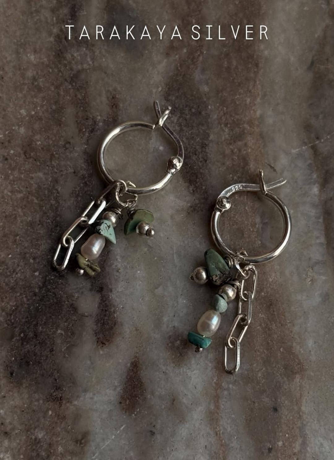 925 Sterling Silver Turquoise Beads, Hill Tribe Silver Beads , Pearls ,Paper Clip Chain Hangings Removable Charms Self Designed Handcrafted Italian Hoops Earrings