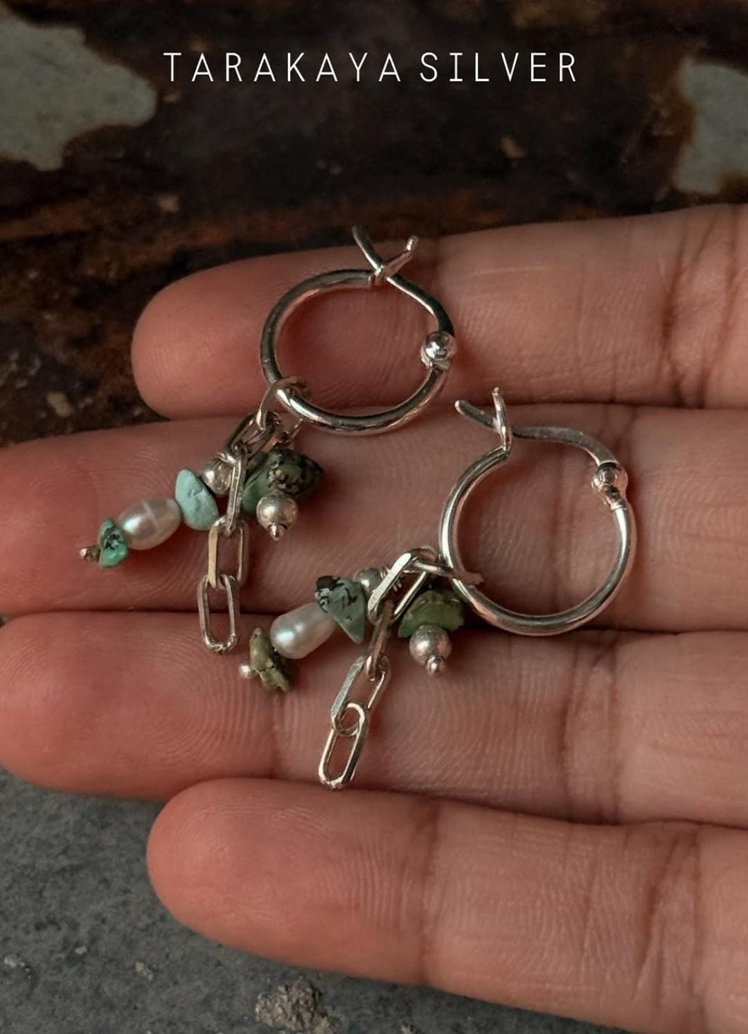 925 Sterling Silver Turquoise Beads, Hill Tribe Silver Beads , Pearls ,Paper Clip Chain Hangings Removable Charms Self Designed Handcrafted Italian Hoops Earrings