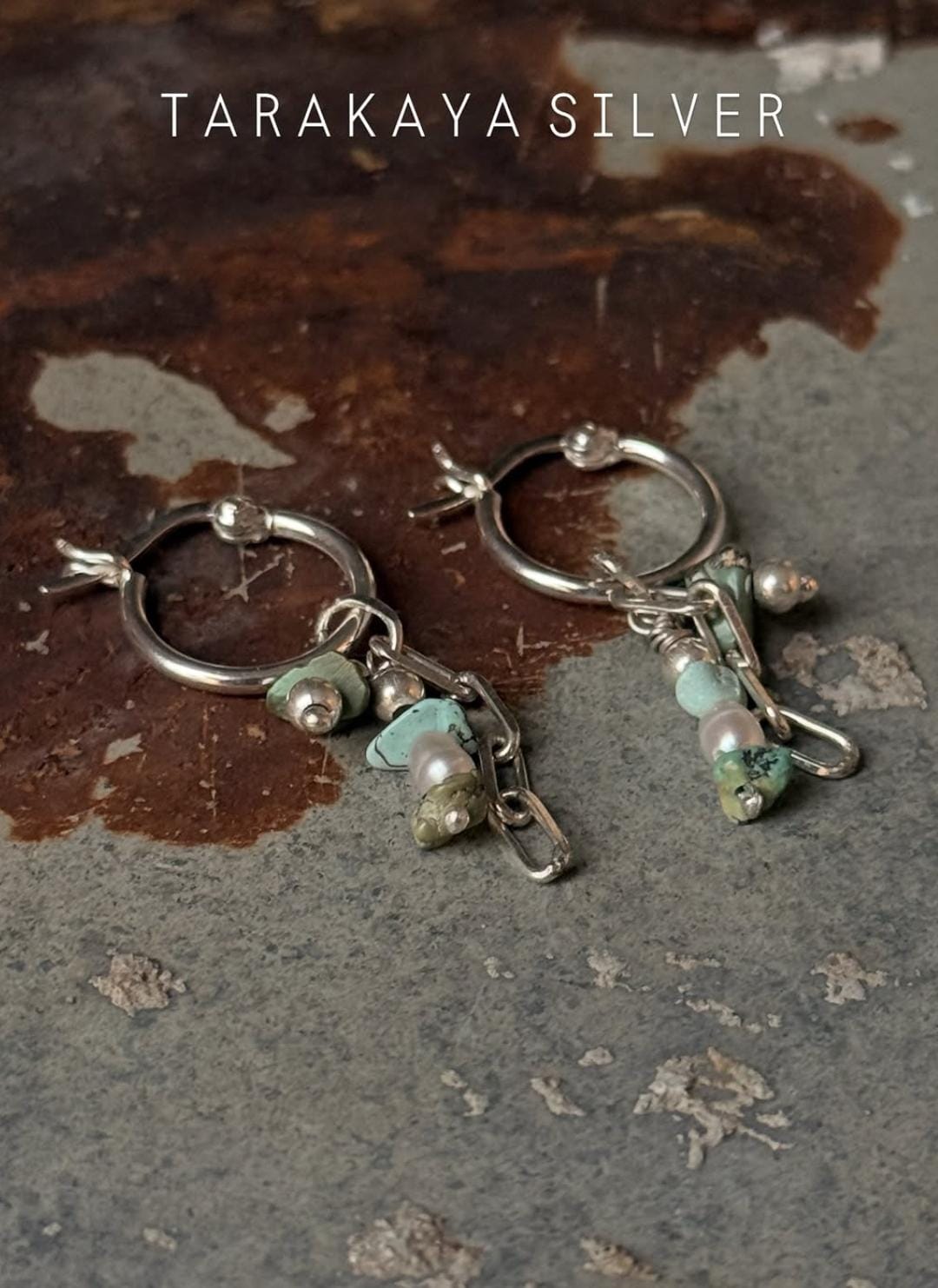925 Sterling Silver Turquoise Beads, Hill Tribe Silver Beads , Pearls ,Paper Clip Chain Hangings Removable Charms Self Designed Handcrafted Italian Hoops Earrings