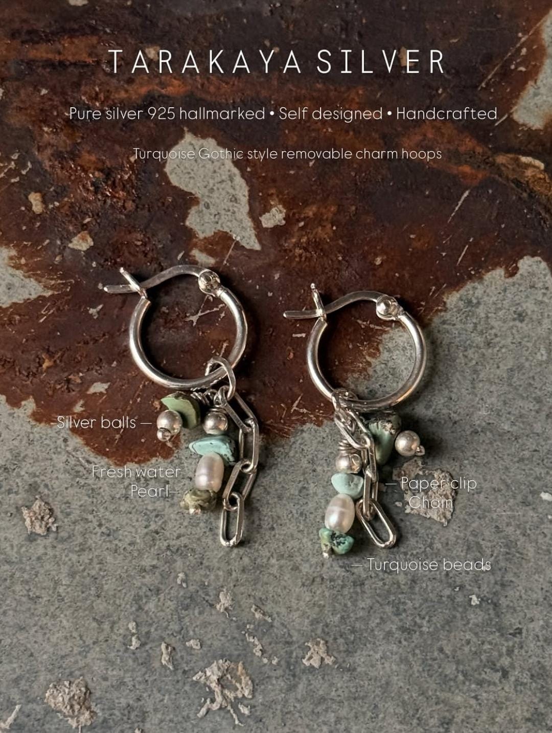 925 Sterling Silver Turquoise Beads, Hill Tribe Silver Beads , Pearls ,Paper Clip Chain Hangings Removable Charms Self Designed Handcrafted Italian Hoops Earrings
