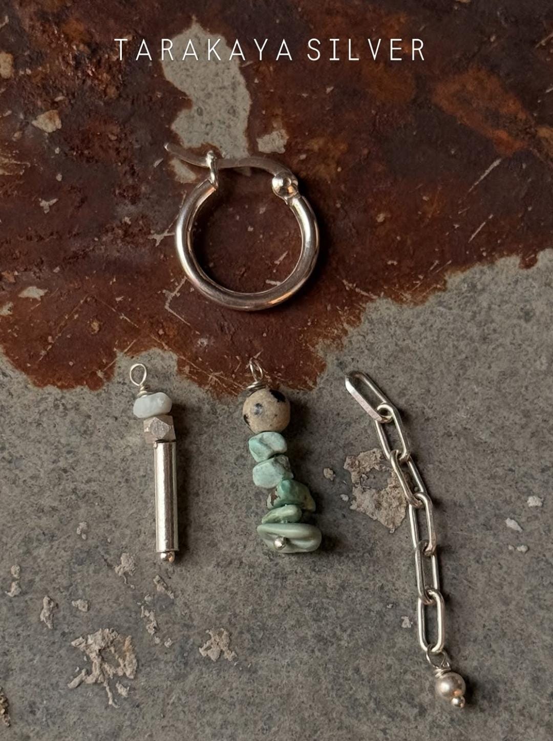 925 Sterling Silver Turquoise Beads, Hill Tribe Silver Beads , Dalmatian Jasper, Larimar ,Paper Clip Chain Hangings Removable Charms Self Designed Handcrafted Italian Hoops Earrings