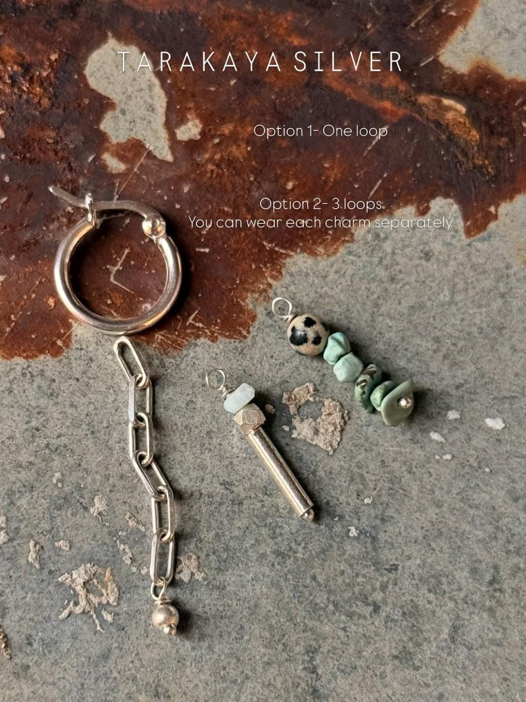 925 Sterling Silver Turquoise Beads, Hill Tribe Silver Beads , Dalmatian Jasper, Larimar ,Paper Clip Chain Hangings Removable Charms Self Designed Handcrafted Italian Hoops Earrings