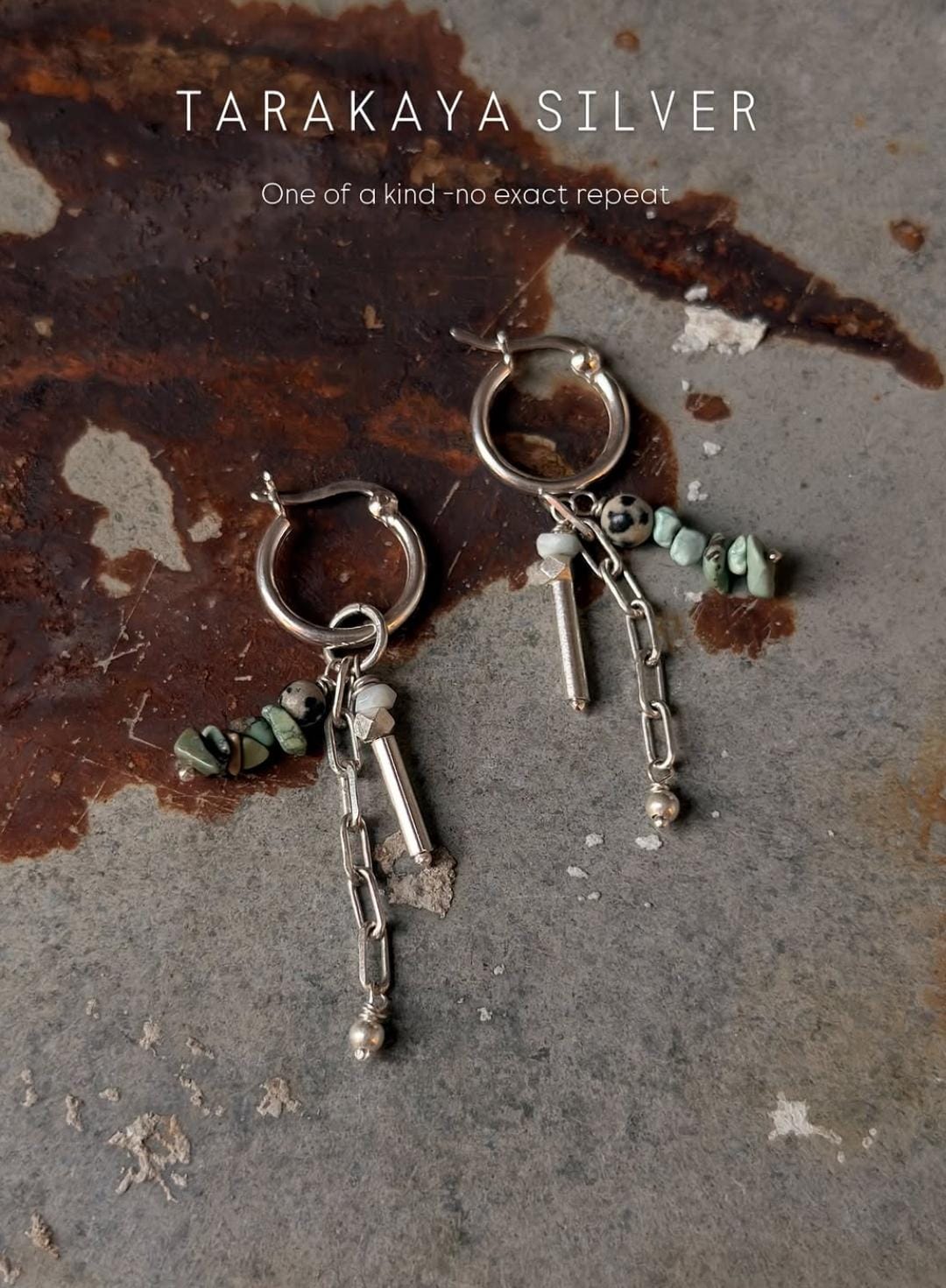 925 Sterling Silver Turquoise Beads, Hill Tribe Silver Beads , Dalmatian Jasper, Larimar ,Paper Clip Chain Hangings Removable Charms Self Designed Handcrafted Italian Hoops Earrings