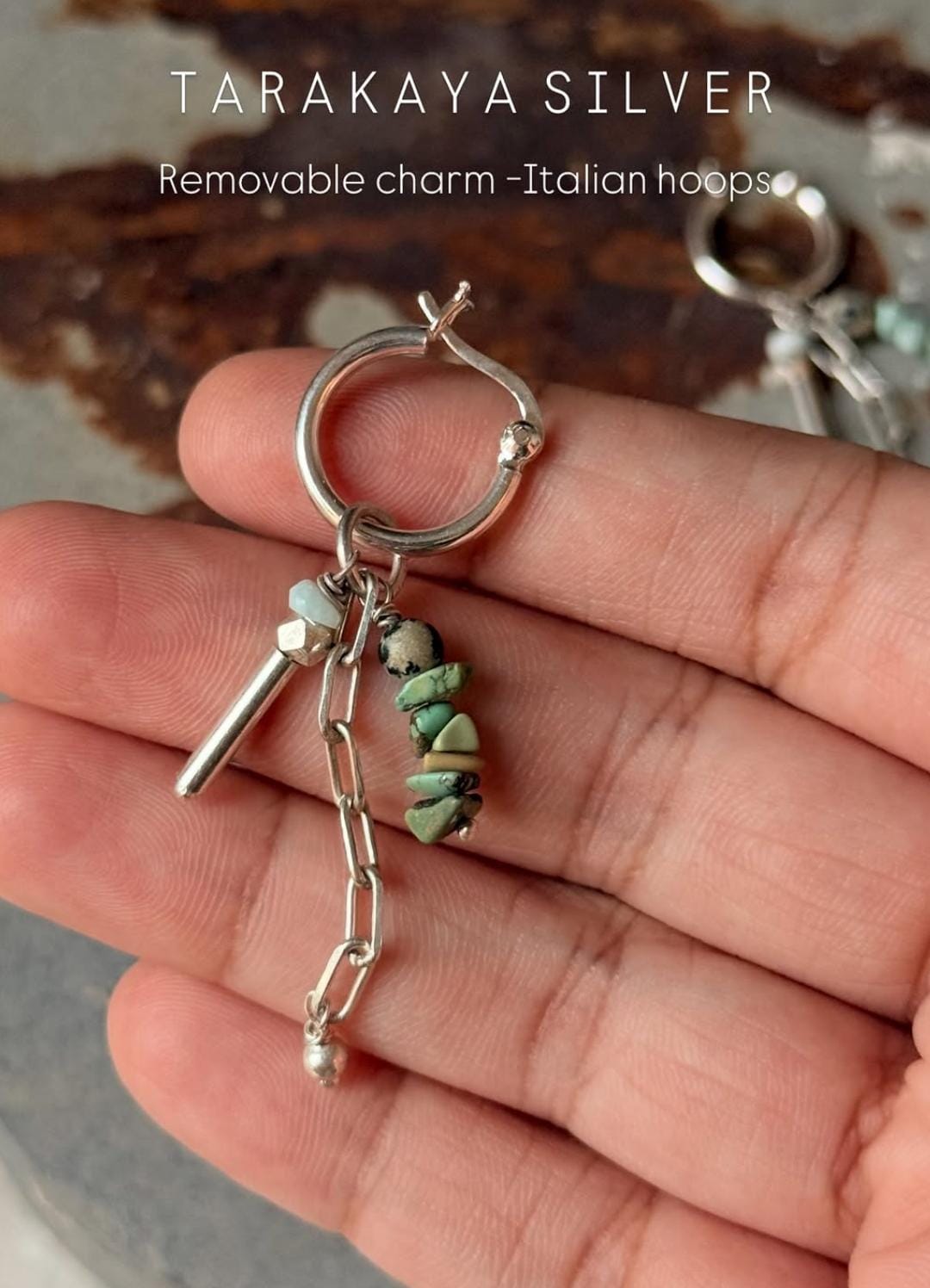 925 Sterling Silver Turquoise Beads, Hill Tribe Silver Beads , Dalmatian Jasper, Larimar ,Paper Clip Chain Hangings Removable Charms Self Designed Handcrafted Italian Hoops Earrings