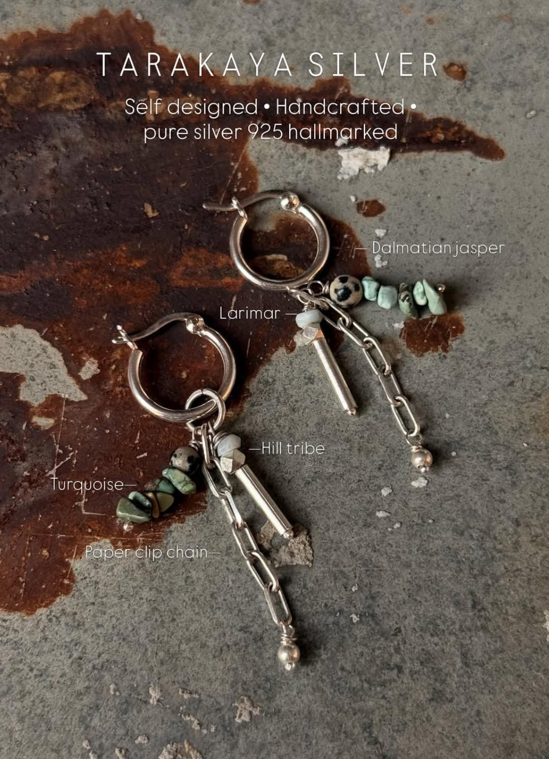 925 Sterling Silver Turquoise Beads, Hill Tribe Silver Beads , Dalmatian Jasper, Larimar ,Paper Clip Chain Hangings Removable Charms Self Designed Handcrafted Italian Hoops Earrings