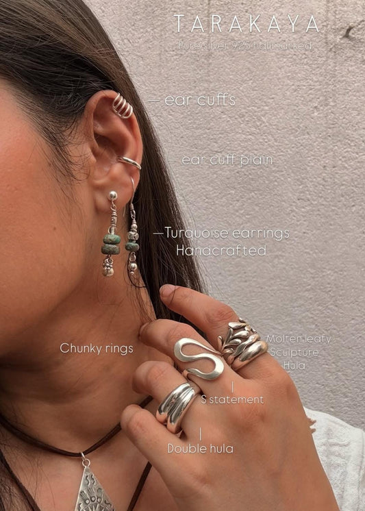 925 Sterling Silver Kingsman Turquoise, Clear Quartz , Sun Engraved Beads & Ghungroo Tribal Handcrafted Studs