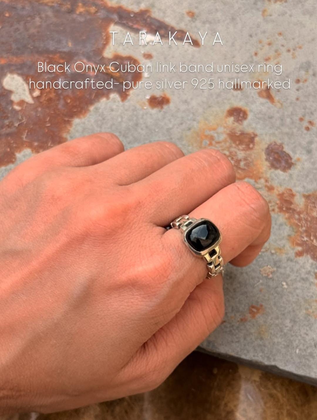 925 Sterling Silver Black Onyx Cuban Link Band Unisex  Ring