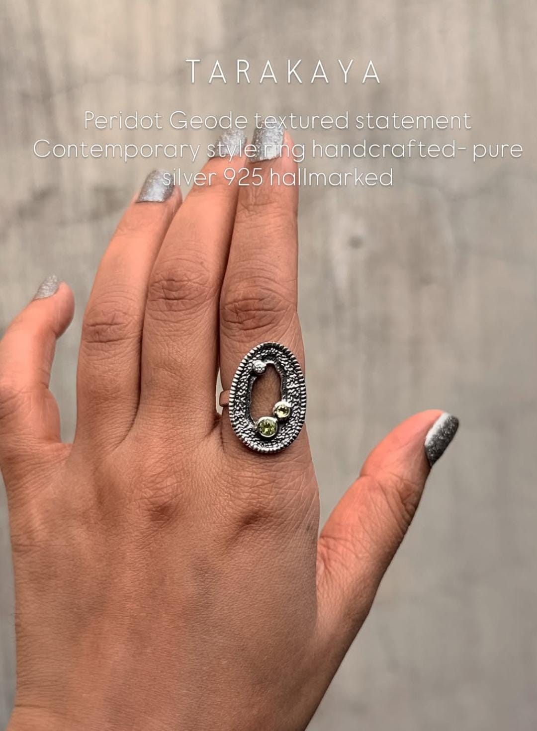 925 Sterling Silver Geode Detailed Peridot, White Topaz Rustic Statement Ring