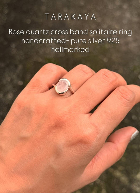 925 Sterling Silver Rose Quartz Oval Cross Band Ring