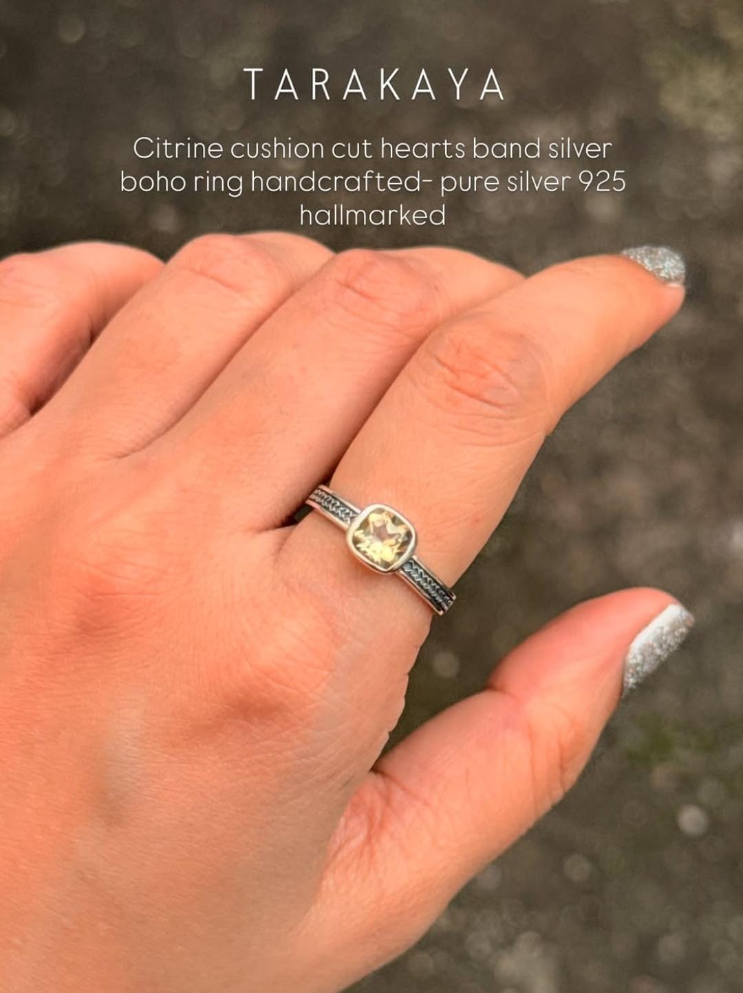 925 Sterling Silver Citrine Square Vintage Band Ring