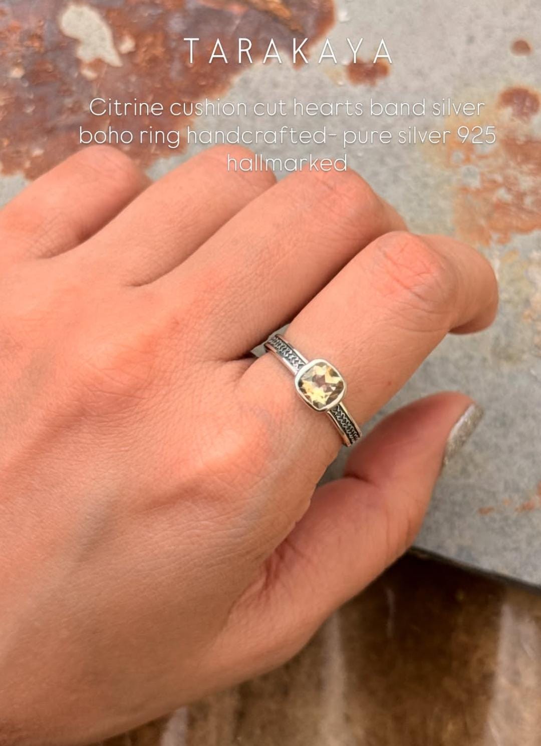 925 Sterling Silver Citrine Square Vintage Band Ring