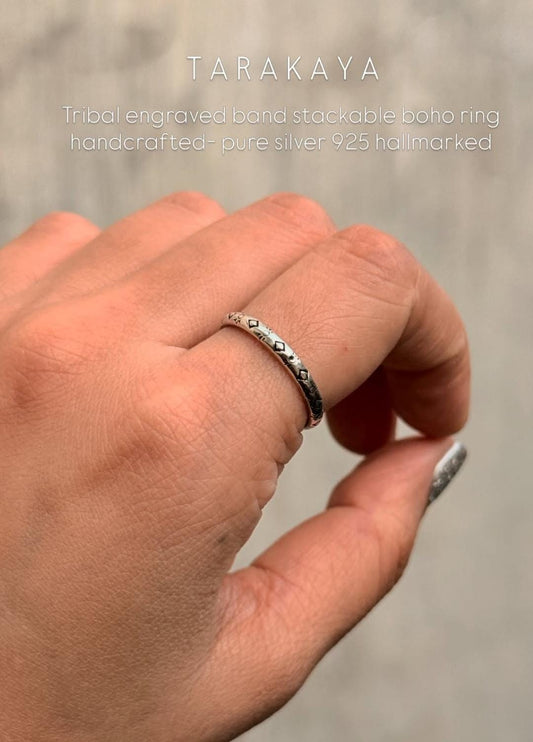 925 Sterling Silver Tribal Engraved Stackable Band Ring