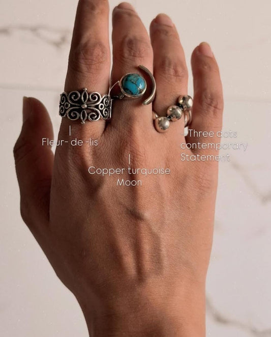 925 Sterling Silver Copper Turquoise Moon Adjustable Ring