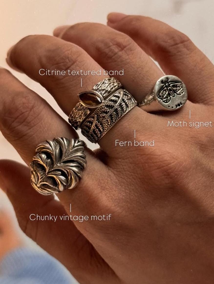 925 Sterling Silver Moth Cosmic Engraved Signet Ring