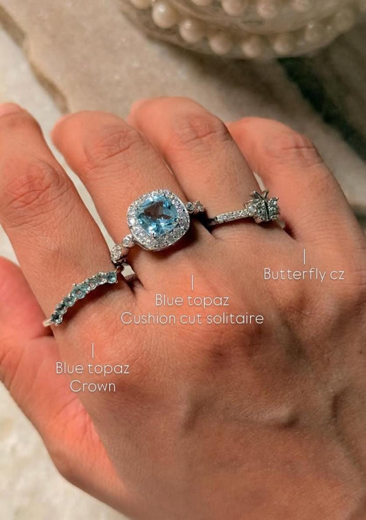 925 Sterling Silver Blue Topaz & White Topaz Cushion Solitaire Ring