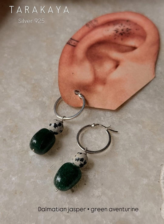 925 Sterling Silver Green Aventurine & Dalmation Jasper Hoops Earrings