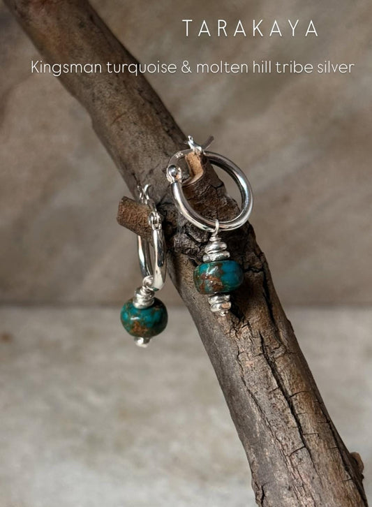 925 Sterling Silver Kingsman Turquoise With Molten beads Handcrafted Italian Hoops