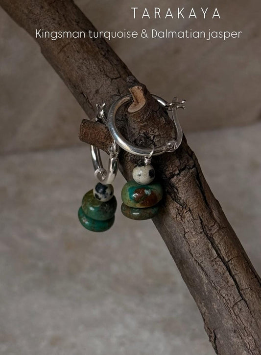 925 Sterling Silver Kingsman Turquoise With Dalmation Jasper Handcrafted Italian Hoops