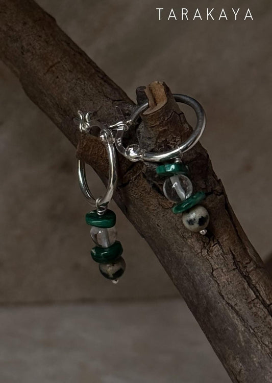 925 Sterling Silver Malachite, Clear Quartz With Dalmation Jasper Handcrafted Italian Hoops