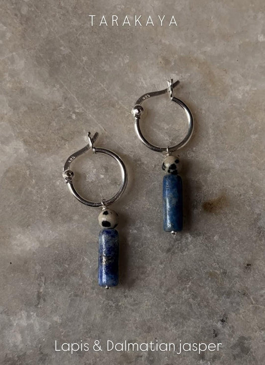 925 Sterling Silver Lapis Lazuli With Dalmation Jasper Handcrafted Italian Hoops
