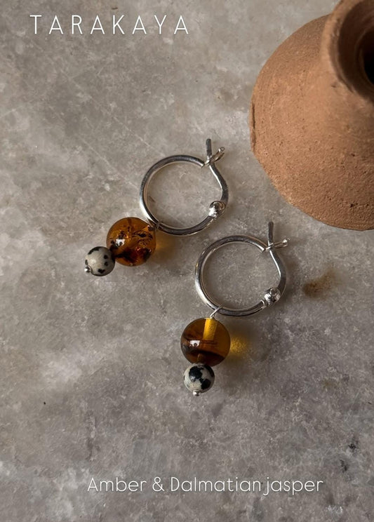 925 Sterling Silver Amber Round With Dalmation Jasper Italian Hoops