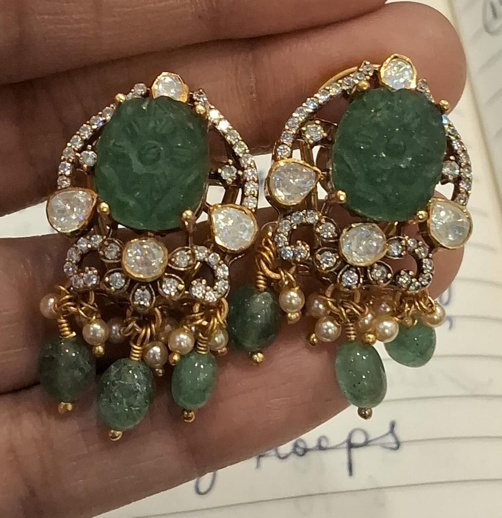 925 Sterling Silver Gold Plated Green Onyx Studs Earrings