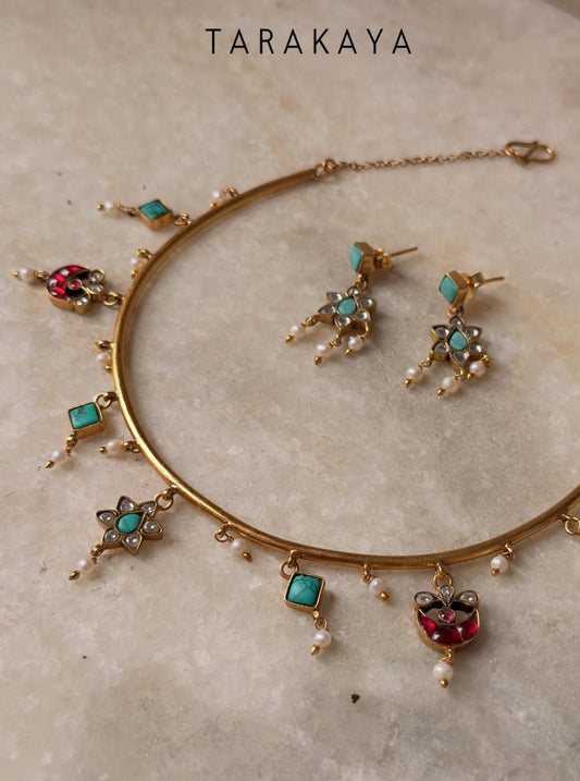 925 Sterling Silver Turquoise , Red Stones ,Fresh Water Pearls & Kundan Polki Handcrafted Gold Plated Necklace