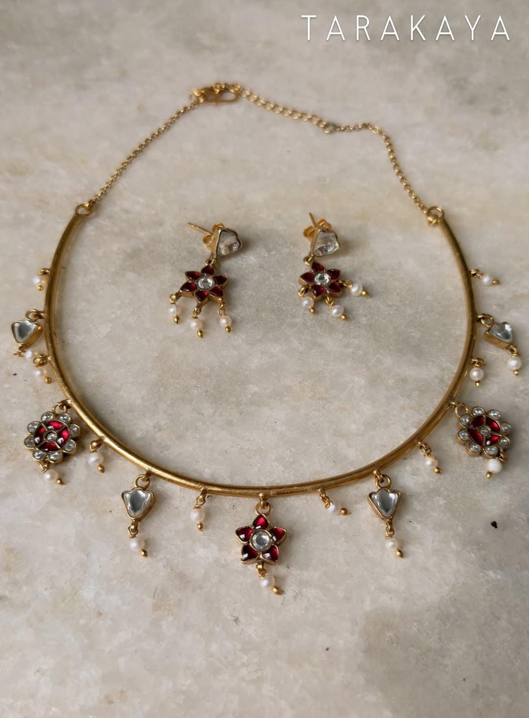 925 Sterling Silver Red Stone , Fresh Water Pearls & Kundan Polki Handcrafted Gold Plated Necklace Set