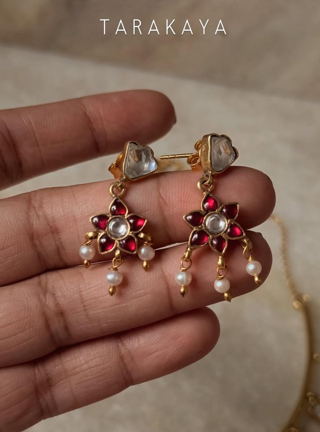925 Sterling Silver Red Stone , Fresh Water Pearls & Kundan Polki Handcrafted Gold Plated Necklace Set