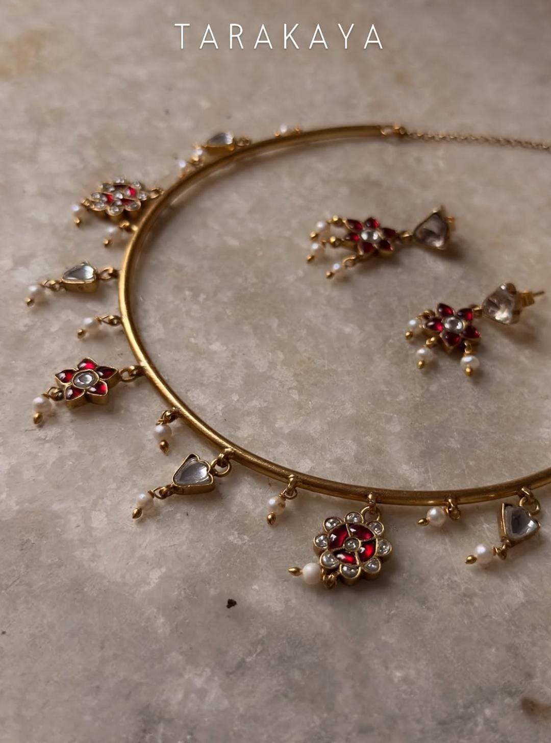 925 Sterling Silver Red Stone , Fresh Water Pearls & Kundan Polki Handcrafted Gold Plated Necklace Set
