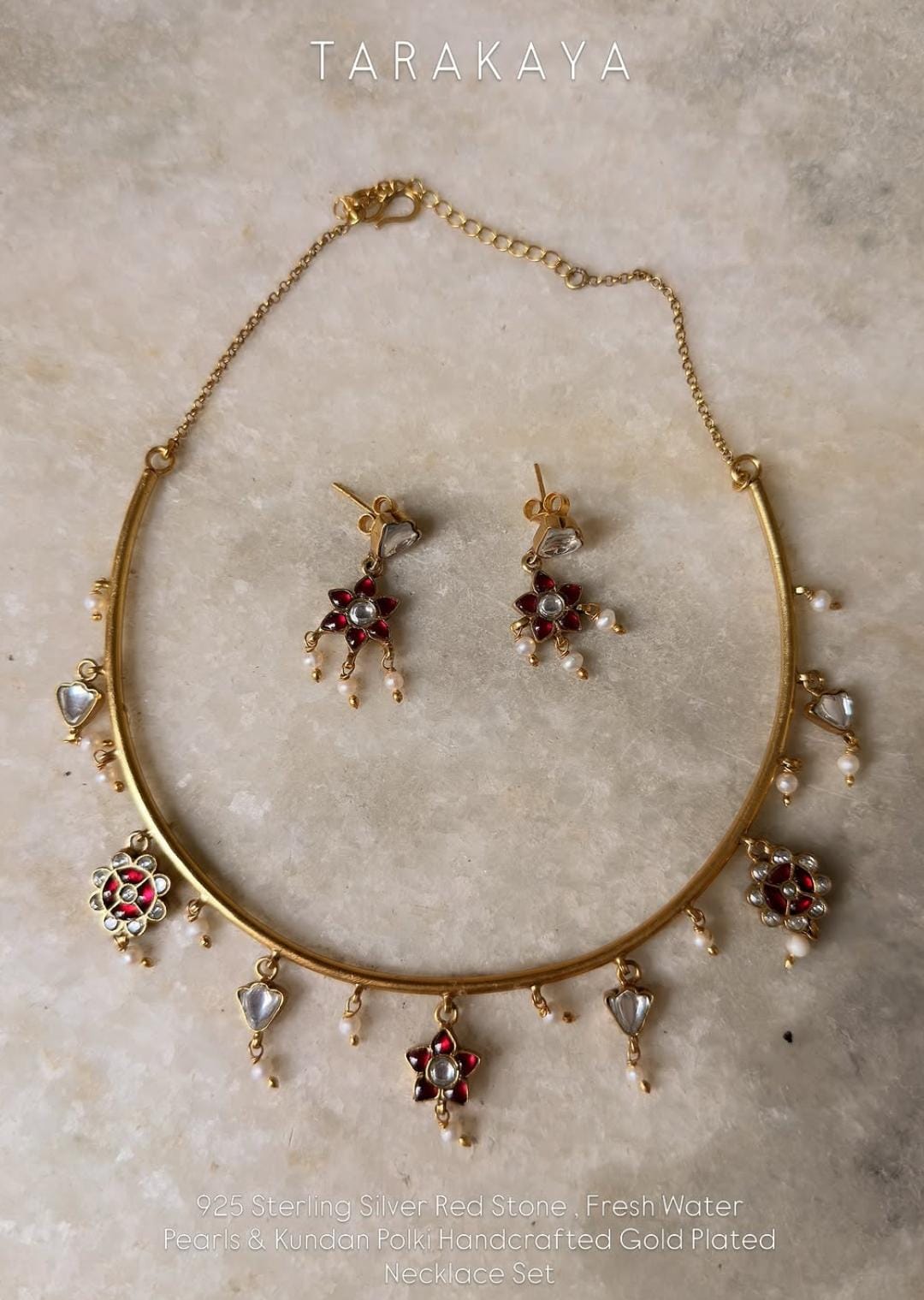 925 Sterling Silver Red Stone , Fresh Water Pearls & Kundan Polki Handcrafted Gold Plated Necklace Set