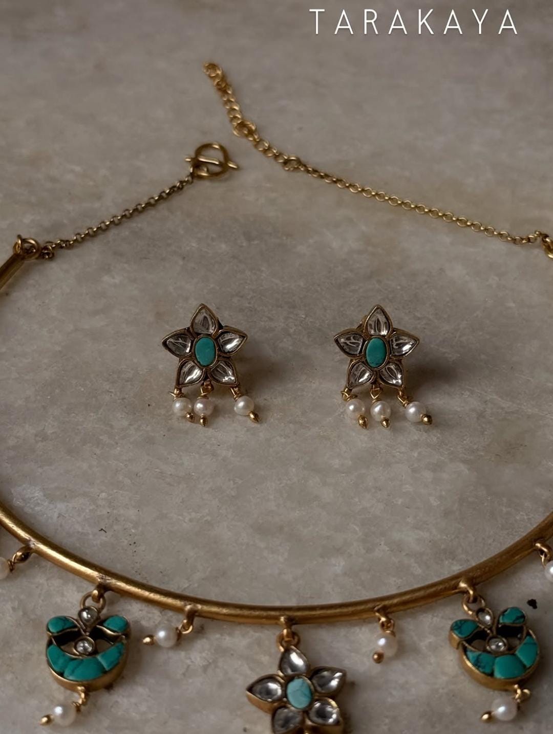 925 Sterling Silver Gold Plated Kundan Polki Necklace