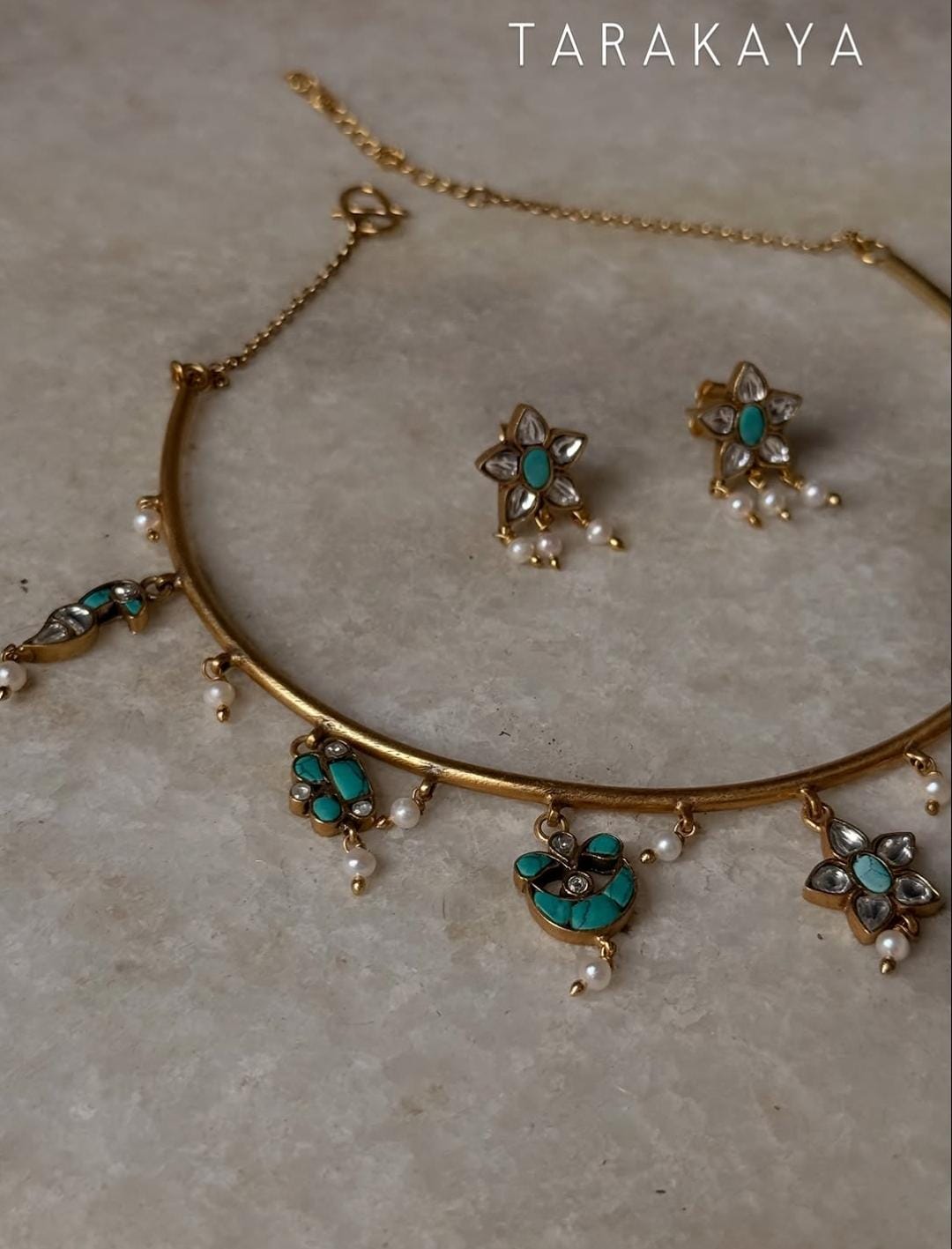 925 Sterling Silver Gold Plated Kundan Polki Necklace